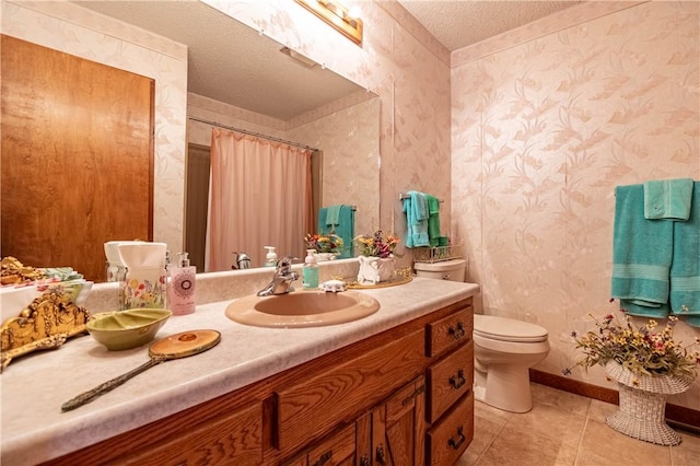 1059 Columbia Dr, Decatur, IL 62522 - full bath with wallpapered walls, vanity, a textured ceiling, tile patterned floors, and a shower with curtain