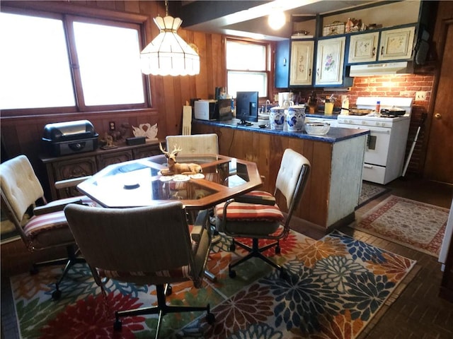 dining area with wood walls and dark wood-style floors