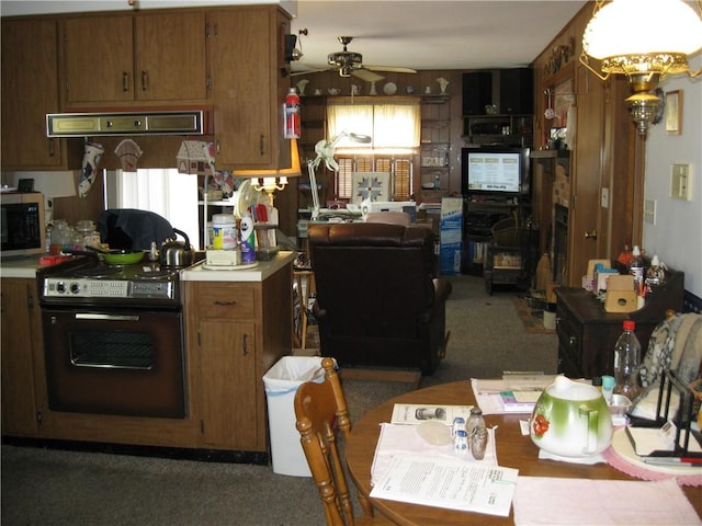 517 Coolidge Ave, Charleston, IL 61920 - kitchen with stainless steel appliances, ceiling fan, light countertops, and brown cabinetry