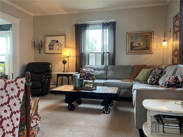 carpeted living room featuring a wealth of natural light and ornamental molding