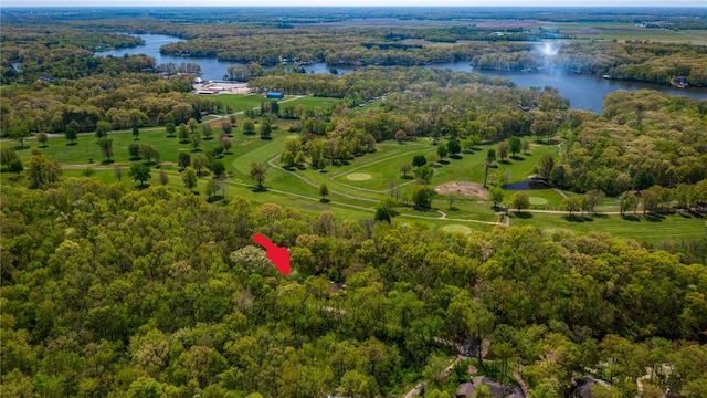 birds eye view of property with a view of trees and a water view