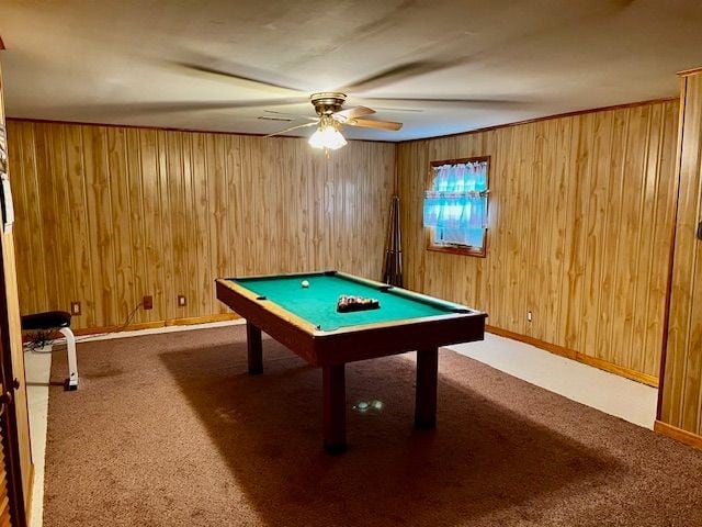 311 E Collett St, Oakwood, IL 61858 - recreation room featuring carpet flooring, ceiling fan, wood walls, and billiards