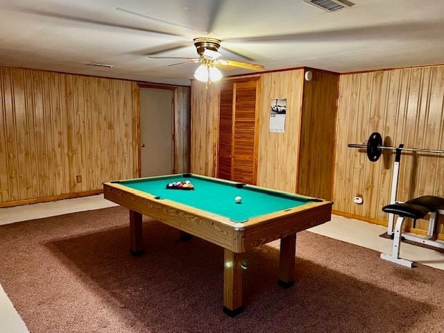 311 E Collett St, Oakwood, IL 61858 - recreation room featuring ceiling fan, wood walls, carpet floors, and billiards table