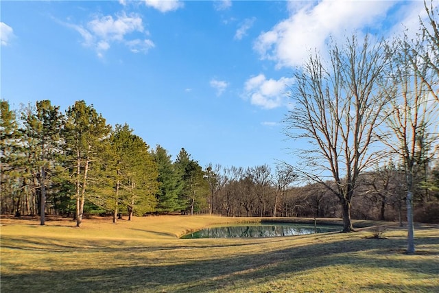 view of property's community with a lawn, a water view, and a view of trees