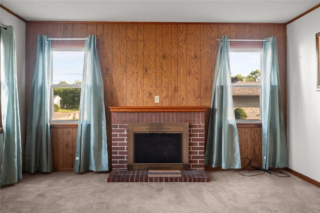 801 N Central Ave, Paris, IL 61944 - carpeted living area featuring a brick fireplace, crown molding, and wood walls