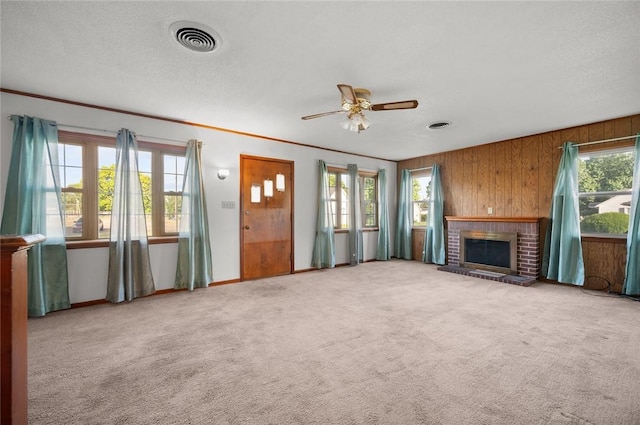 801 N Central Ave, Paris, IL 61944 - unfurnished living room with plenty of natural light, wood walls, carpet floors, and a fireplace