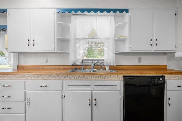 801 N Central Ave, Paris, IL 61944 - kitchen featuring open shelves, black dishwasher, white cabinetry, and light countertops