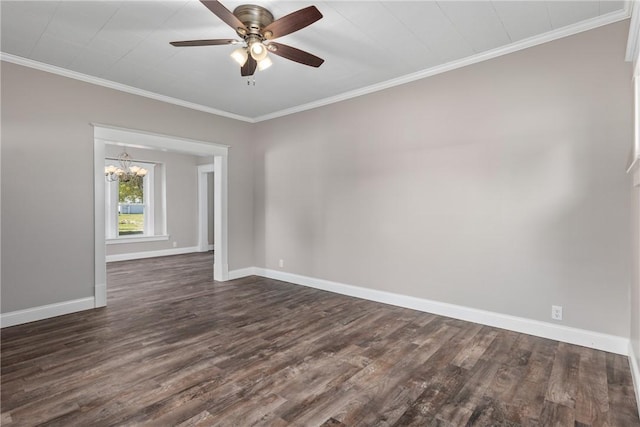 unfurnished room with ornamental molding, dark hardwood / wood-style floors, and ceiling fan with notable chandelier