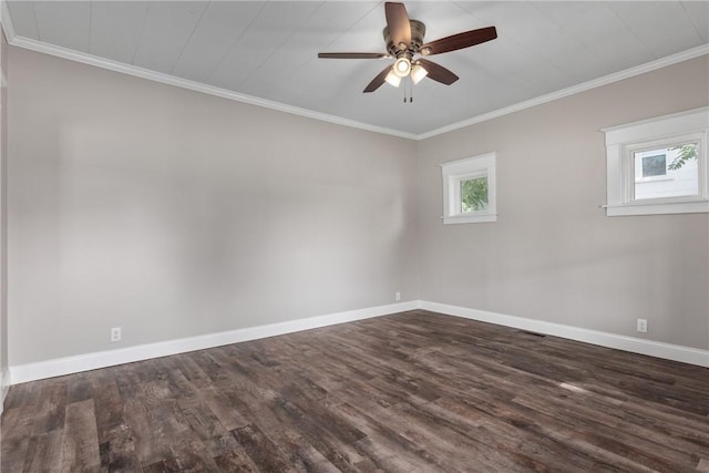 empty room with ceiling fan, crown molding, and dark hardwood / wood-style floors