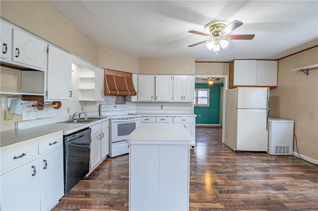 kitchen featuring white appliances, custom range hood, a kitchen island, dark hardwood / wood-style flooring, and white cabinetry