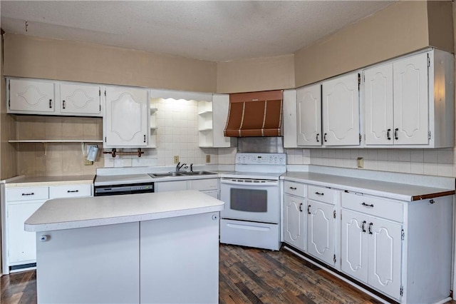 kitchen featuring a center island, premium range hood, white cabinets, white range with electric stovetop, and dark hardwood / wood-style flooring