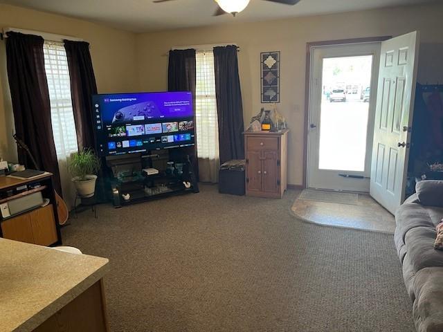 living room with ceiling fan and carpet floors