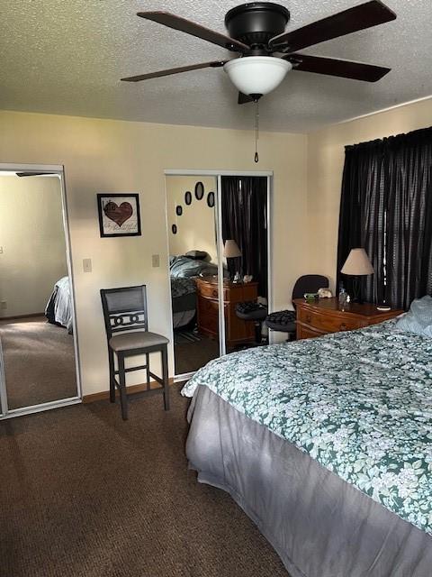 bedroom featuring a textured ceiling, carpet floors, a closet, and a ceiling fan