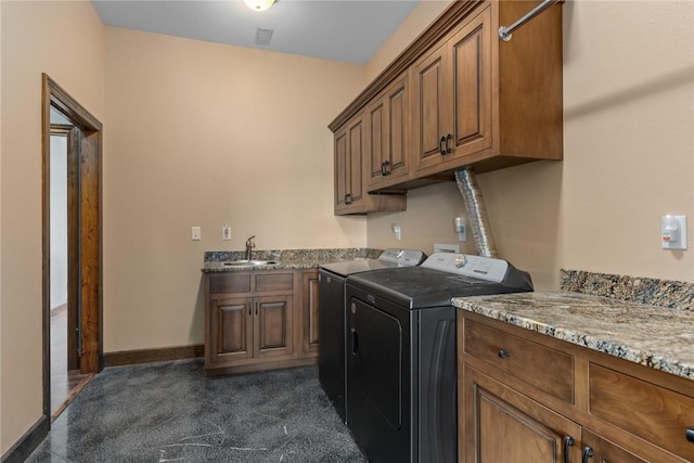 2098 2070th Ave, Saint Elmo, IL 62458 - laundry area with cabinet space, washer and clothes dryer, and dark colored carpet