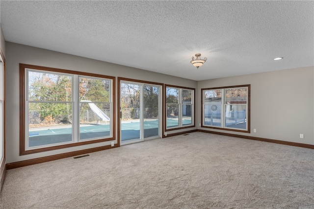 spare room featuring carpet and a textured ceiling