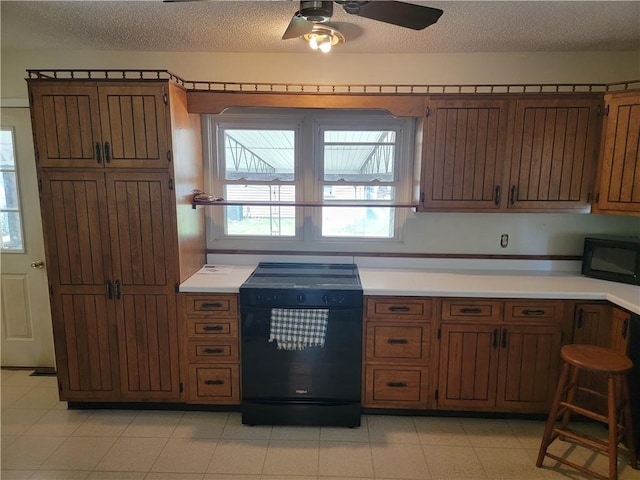 410 E Ninth St, Pana, IL 62557 - kitchen featuring stove, black microwave, a textured ceiling, light countertops, and a ceiling fan