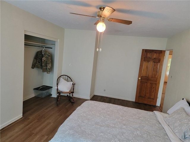410 E Ninth St, Pana, IL 62557 - bedroom with dark wood-type flooring, ceiling fan, and a closet