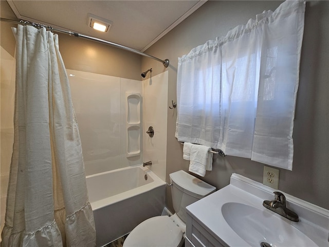 full bathroom with vanity, toilet, and shower / tub combo