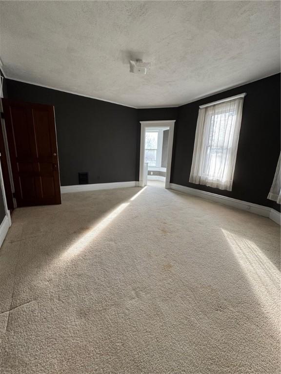 unfurnished room with carpet floors and a textured ceiling