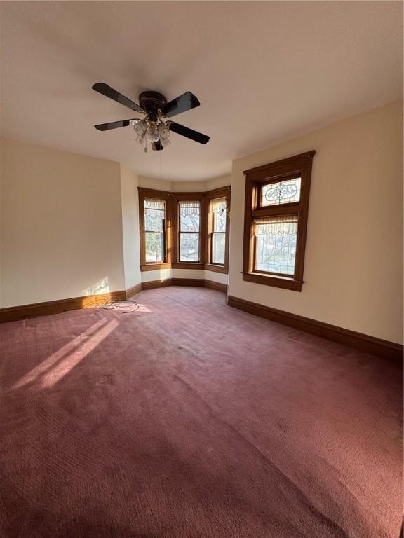 spare room with ceiling fan and carpet