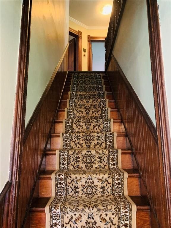 stairs with ornamental molding and a wainscoted wall
