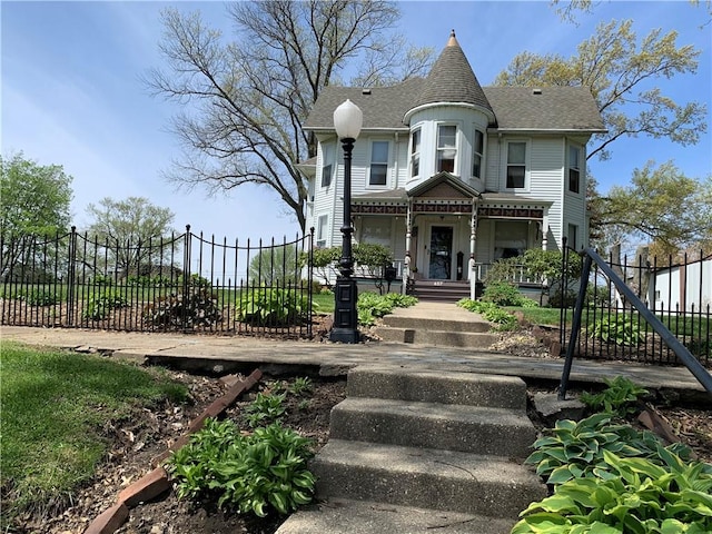 victorian house featuring a porch, a shingled roof, and fence