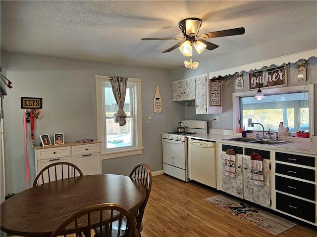 kitchen featuring white cabinetry, sink, light hardwood / wood-style floors, and white appliances