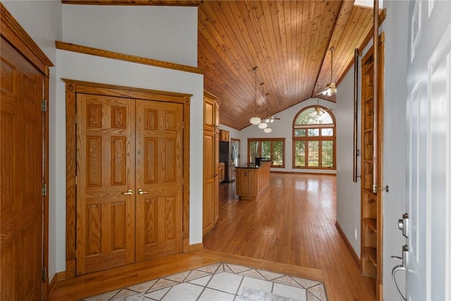 11311 E Thistlewood Ln, Effingham, IL 62401 - entrance foyer with wood ceiling, light wood-type flooring, a chandelier, and high vaulted ceiling