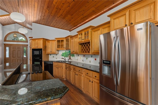 11311 E Thistlewood Ln, Effingham, IL 62401 - kitchen featuring black appliances, wood ceiling, dark wood-type flooring, backsplash, and glass insert cabinets