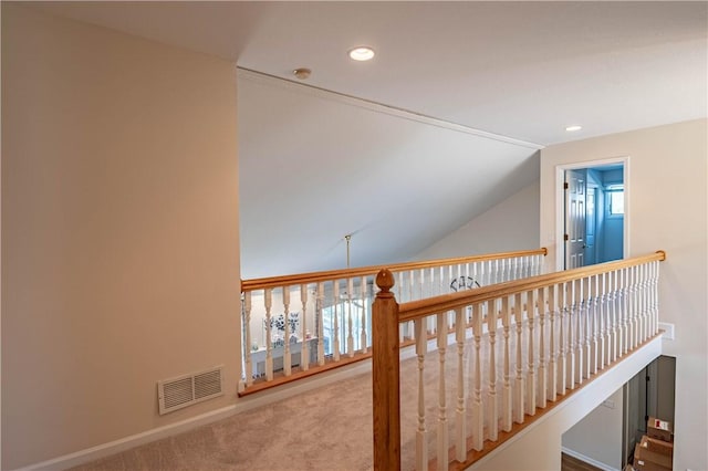 1117 Wedgewood Ct, Decatur, IL 62526 - hallway with vaulted ceiling, carpet floors, recessed lighting, and an upstairs landing