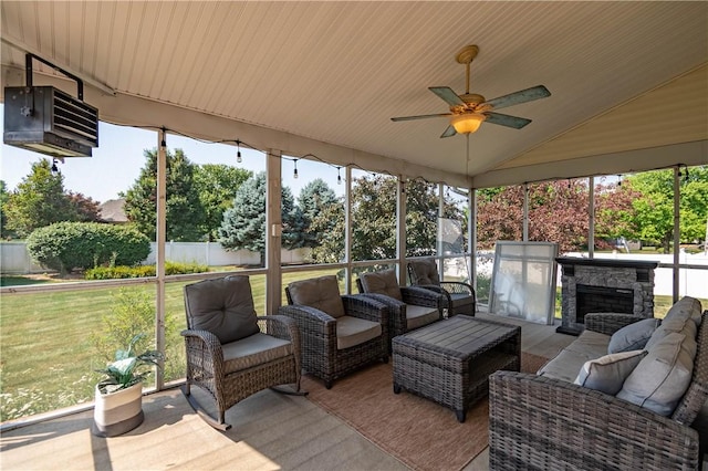 1117 Wedgewood Ct, Decatur, IL 62526 - sunroom / solarium featuring a ceiling fan, an outdoor living space with a fireplace, and vaulted ceiling