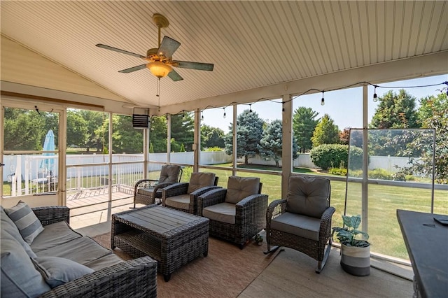 1117 Wedgewood Ct, Decatur, IL 62526 - sunroom with ceiling fan, outdoor lounge area, and vaulted ceiling
