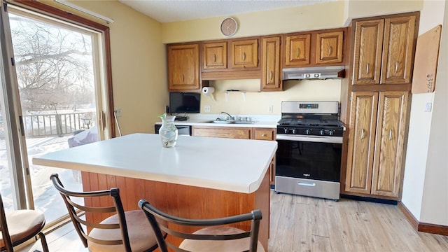 kitchen featuring gas range, light hardwood / wood-style flooring, and sink