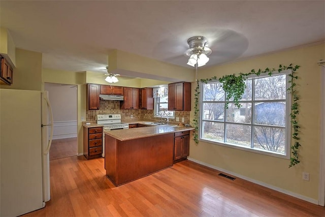 kitchen featuring sink, light hardwood / wood-style flooring, white appliances, and kitchen peninsula