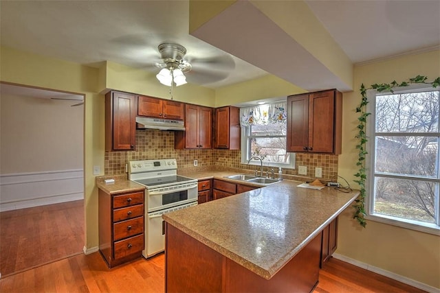 kitchen featuring sink, decorative backsplash, double oven range, light hardwood / wood-style floors, and kitchen peninsula