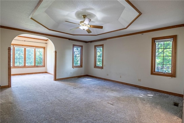 1250 W Hickory Point Rd, Decatur, IL 62526 - empty room with a tray ceiling, arched walkways, carpet, ceiling fan, and ornamental molding