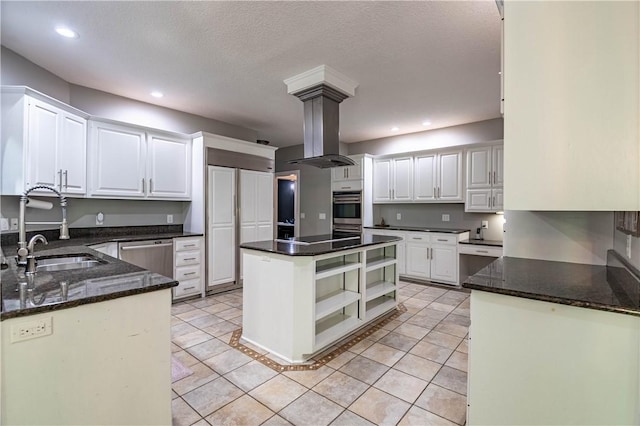 1250 W Hickory Point Rd, Decatur, IL 62526 - kitchen featuring open shelves, stainless steel appliances, white cabinetry, light tile patterned floors, and dark stone counters