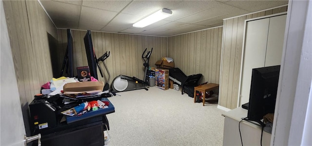 22 S Lakewood Dr, Effingham, IL 62401 - workout room with carpet flooring, a paneled ceiling, and wood walls