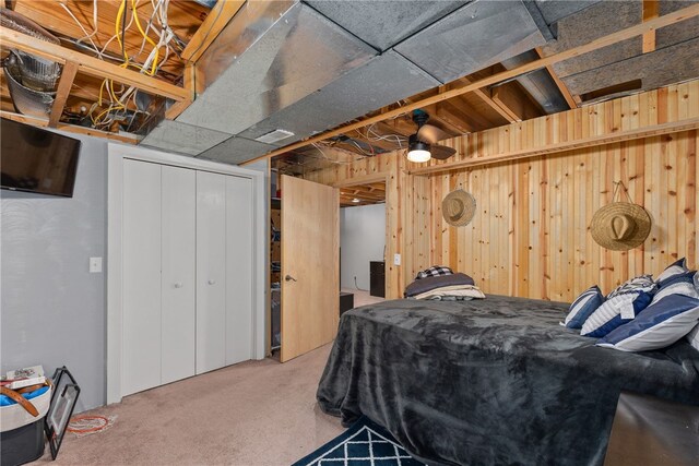 bathroom with vanity, a shower with curtain, wooden walls, hardwood / wood-style flooring, and toilet