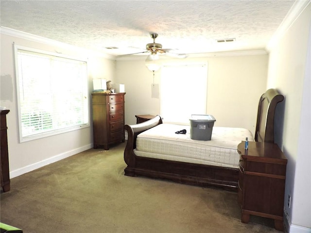 20643 1200 N Rd, Danville, IL 61834 - bedroom with ornamental molding, carpet flooring, baseboards, a textured ceiling, and a ceiling fan