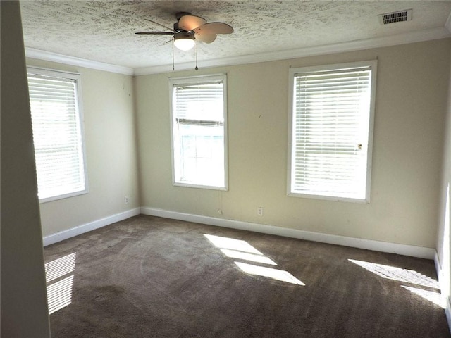 20643 1200 N Rd, Danville, IL 61834 - spare room featuring carpet floors, ornamental molding, baseboards, a textured ceiling, and ceiling fan