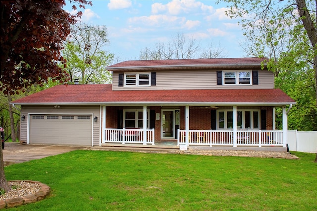 view of front of house featuring a garage, covered porch, a front yard, brick siding, and driveway