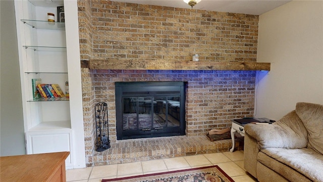 room details featuring a brick fireplace