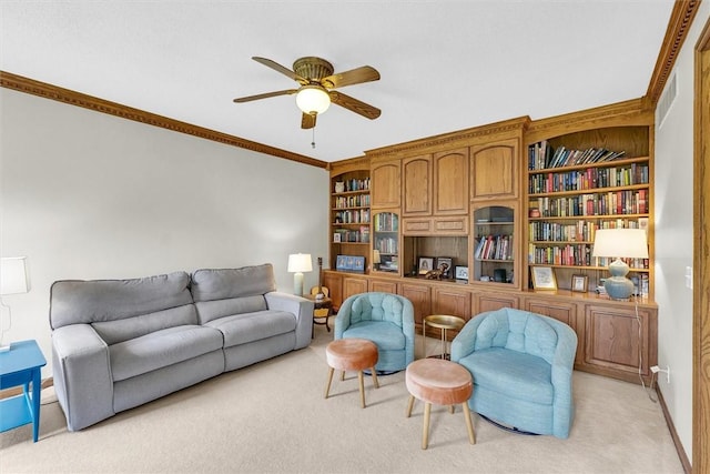 715 W Coolidge Ave, Charleston, IL 61920 - living room with light carpet, a ceiling fan, and crown molding