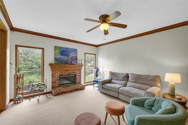 715 W Coolidge Ave, Charleston, IL 61920 - living area with carpet flooring, a ceiling fan, crown molding, a fireplace, and a textured ceiling