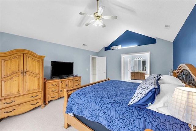 715 W Coolidge Ave, Charleston, IL 61920 - bedroom featuring lofted ceiling, light carpet, a ceiling fan, and ensuite bathroom