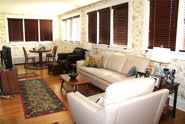 300 W N 1st St, Shelbyville, IL 62565 - living room with wallpapered walls, wood finished floors, and radiator