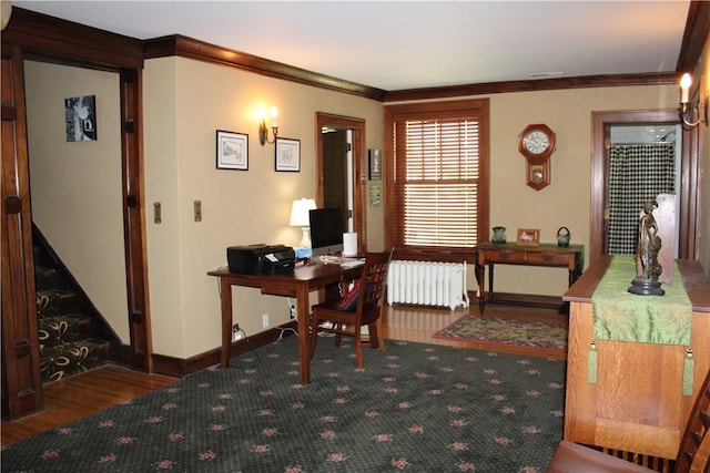 300 W N 1st St, Shelbyville, IL 62565 - carpeted office space featuring radiator heating unit, crown molding, and baseboards