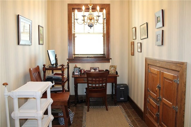 300 W N 1st St, Shelbyville, IL 62565 - sitting room featuring a chandelier, wallpapered walls, dark tile patterned floors, a desk, and baseboards