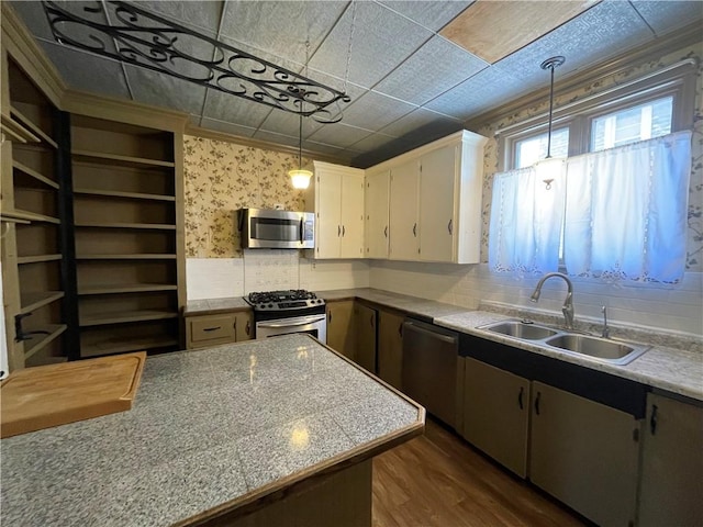 kitchen with pendant lighting, sink, appliances with stainless steel finishes, and dark wood-type flooring